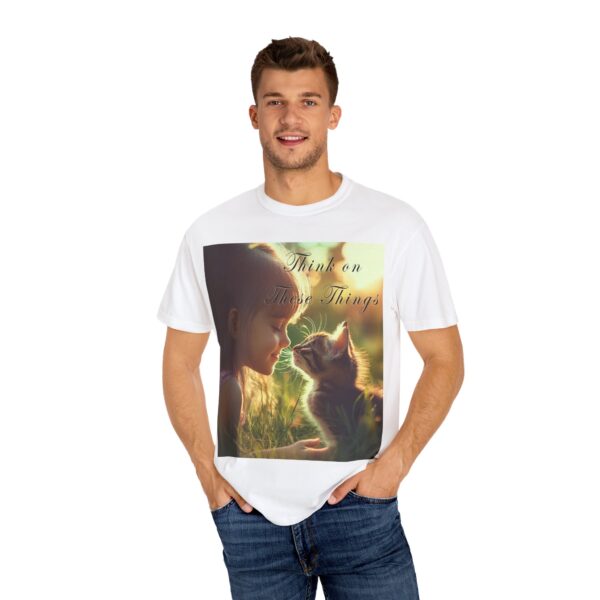 Garment-Dyed Unisex T-Shirt with our 'Kitten Kisses' "Think on these things" design summer Casual Wear, Relaxed Style Inspirational Phil 4:8 - Image 4