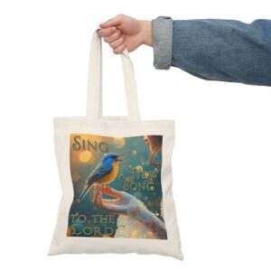 Inspirational Natural Tote Bag 'Bird Song' design with phrase "Sing a New Song" Eco-Friendly Bird Lover Motivational Daily Use Psalm 96:1