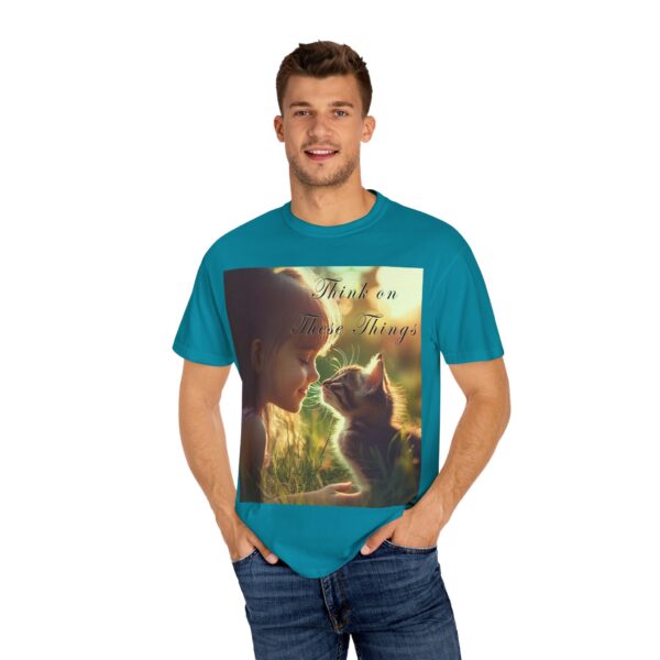 Garment-Dyed Unisex T-Shirt with our 'Kitten Kisses' "Think on these things" design summer Casual Wear, Relaxed Style Inspirational Phil 4:8 - Image 28