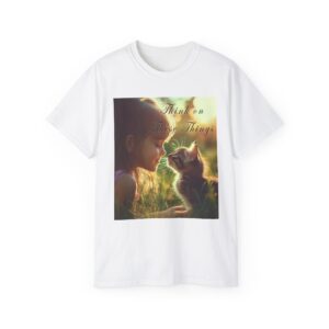 Inspirational 'Kitten Kisses' "Think on these things" Vintage Christian Faith Apparel Unisex Cotton T-Shirt, Pet Lover Cute Thoughtful Quote