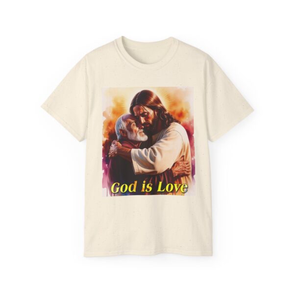 Our "God is Love" series with Jesus hugging PAPA! Inspirational Christian Unisex Cotton T-Shirt, Faith Spiritual Apparel, Love Gift - Image 2