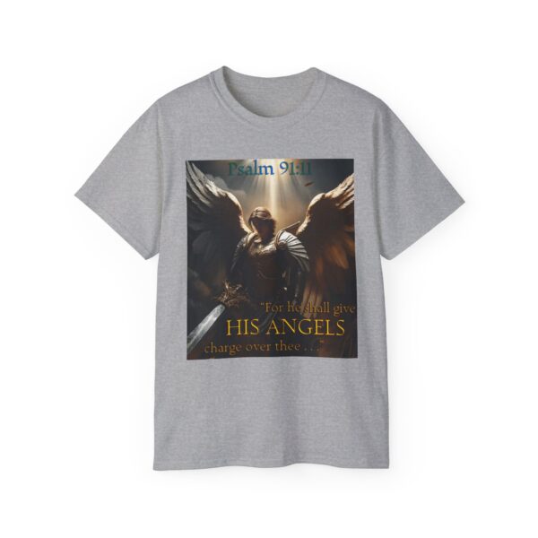 Our Guardian Angel, Psalm 91 "He gives his angels charge over thee" Inspirational Christian Design Unisex Cotton T-Shirt, Faith Apparel - Image 9
