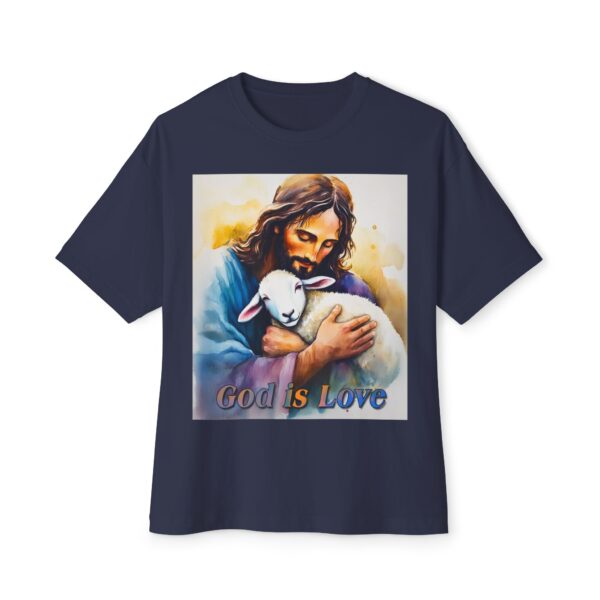 Our "God is Love" series featuring Jesus hugging a precious baby lamb! Inspirational Christian Unisex Tee, Oversized Shirt, Boxy Top - Image 33