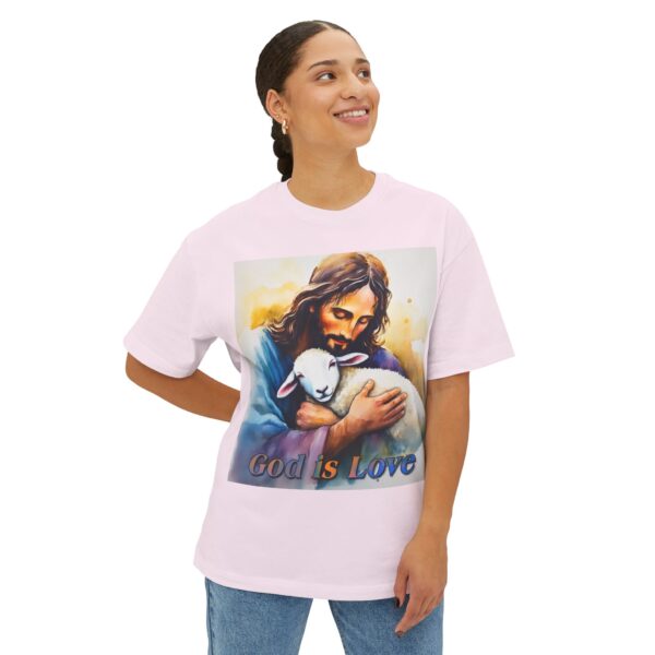 Our "God is Love" series featuring Jesus hugging a precious baby lamb! Inspirational Christian Unisex Tee, Oversized Shirt, Boxy Top - Image 7