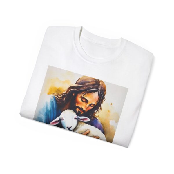 Our "God is Love" series with Jesus hugging a BABY LAMB, Inspirational Christian Unisex Cotton T-Shirt, Faith Spiritual Apparel, Love Gift - Image 4