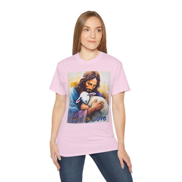 Our "God is Love" series with Jesus hugging a BABY LAMB, Inspirational Christian Unisex Cotton T-Shirt, Faith Spiritual Apparel, Love Gift - Image 53