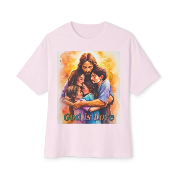 Our "God is Love" series with Jesus hugging a small family! Christian Unisex Tee, Oversized T-Shirt, Inspirational Shirt, Faith Apparel - Image 5