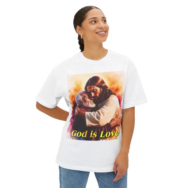 Our "God is Love" series with Jesus hugging Papa! Biblical Unisex Tee Inspirational Christian Tshirt for Men and Women, Boxy Oversized Shirt - Image 3