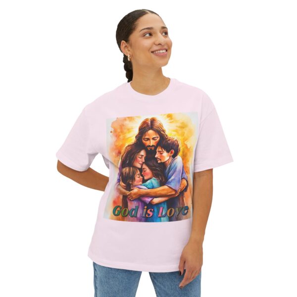 Our "God is Love" series with Jesus hugging a small family! Christian Unisex Tee, Oversized T-Shirt, Inspirational Shirt, Faith Apparel - Image 7
