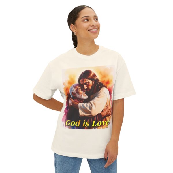 Our "God is Love" series with Jesus hugging Papa! Biblical Unisex Tee Inspirational Christian Tshirt for Men and Women, Boxy Oversized Shirt - Image 15