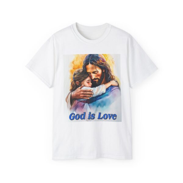Our "God is Love" series with Jesus hugging a LITTLE GIRL, Inspirational Christian Unisex Cotton T-Shirt, Faith Spiritual Apparel, Love Gift