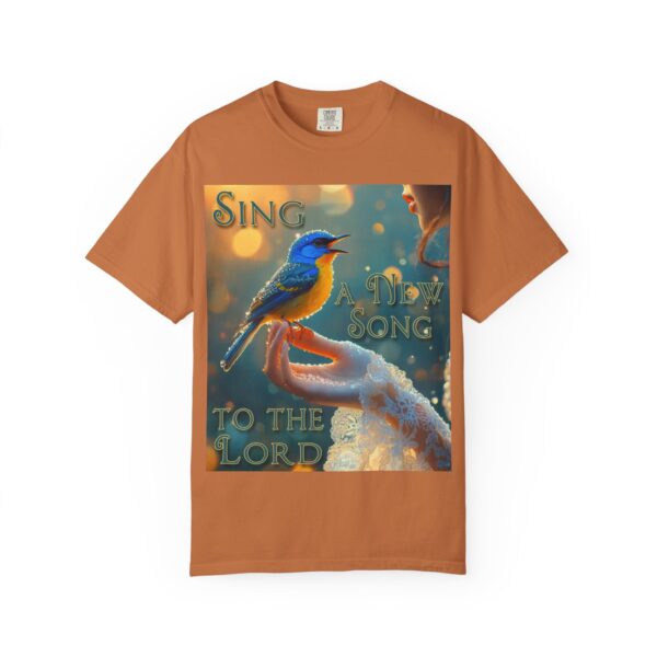 Garment-Dyed Unisex T-Shirt, with our 'Song Bird' "Sing a New Song" design! Summer Casual Wear, Relaxed Style Inspirational Phil 4:8 - Image 13