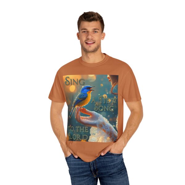 Garment-Dyed Unisex T-Shirt, with our 'Song Bird' "Sing a New Song" design! Summer Casual Wear, Relaxed Style Inspirational Phil 4:8 - Image 16