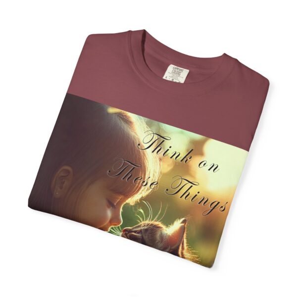 Garment-Dyed Unisex T-Shirt with our 'Kitten Kisses' "Think on these things" design summer Casual Wear, Relaxed Style Inspirational Phil 4:8 - Image 55