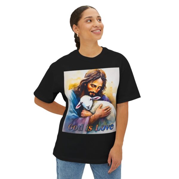 Our "God is Love" series featuring Jesus hugging a precious baby lamb! Inspirational Christian Unisex Tee, Oversized Shirt, Boxy Top - Image 11