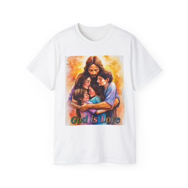 Our "God is Love" series with Jesus hugging a SMALL FAMILY Inspirational Christian Unisex Cotton T-Shirt, Faith Spiritual Apparel, Love Gift - Image 2