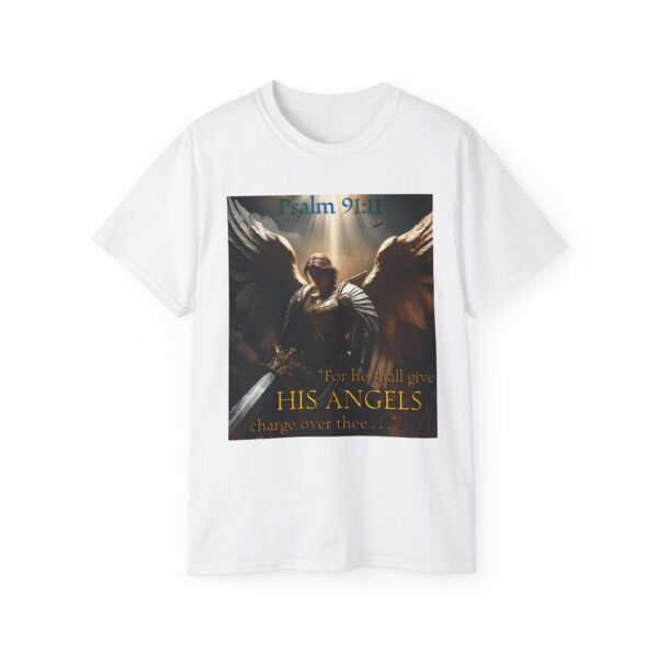 Our Guardian Angel, Psalm 91 "He gives his angels charge over thee" Inspirational Christian Design Unisex Cotton T-Shirt, Faith Apparel - Image 5