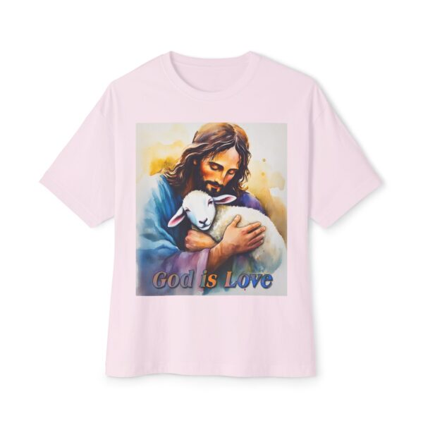 Our "God is Love" series featuring Jesus hugging a precious baby lamb! Inspirational Christian Unisex Tee, Oversized Shirt, Boxy Top - Image 5