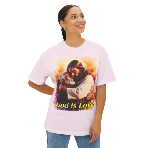 Our "God is Love" series with Jesus hugging Papa! Biblical Unisex Tee Inspirational Christian Tshirt for Men and Women, Boxy Oversized Shirt - Image 7