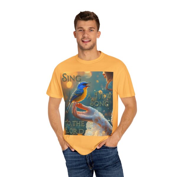 Garment-Dyed Unisex T-Shirt, with our 'Song Bird' "Sing a New Song" design! Summer Casual Wear, Relaxed Style Inspirational Phil 4:8 - Image 12