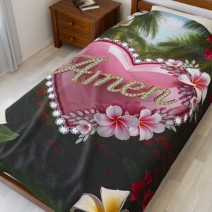 Our Beautiful "Amen" Inspirational 'Pink Heart' Design Velveteen Plush Throw Blanket, Cozy Gift for Anniversary, Home Decor Bedding