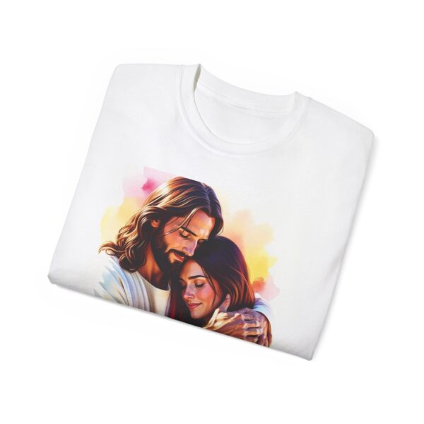 Our "God is Love" series with Jesus hugging a YOUNG LADY, Inspirational Christian Unisex Cotton T-Shirt, Faith Spiritual Apparel, Love Gift - Image 4