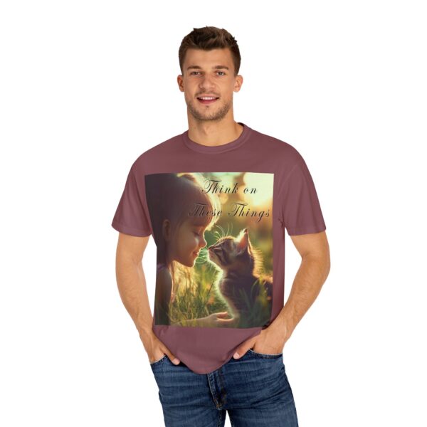 Garment-Dyed Unisex T-Shirt with our 'Kitten Kisses' "Think on these things" design summer Casual Wear, Relaxed Style Inspirational Phil 4:8 - Image 8