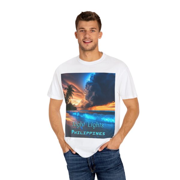 Garment-Dyed Unisex T-Shirt, with our "Night Lights - Philippines" design! Summer Casual Wear, Relaxed Style Inspirational Tropical Beach - Image 10