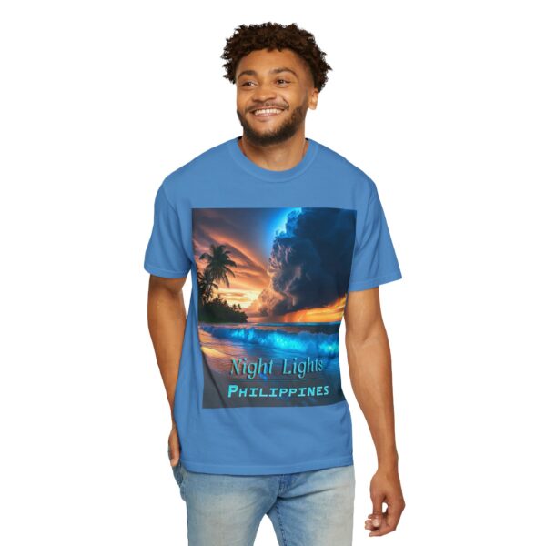 Garment-Dyed Unisex T-Shirt, with our "Night Lights - Philippines" design! Summer Casual Wear, Relaxed Style Inspirational Tropical Beach - Image 6