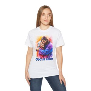 Our "God is Love" series with Jesus hugging Grandmother, Inspirational Christian Unisex Cotton T-Shirt, Faith Spiritual Apparel, Love Gift