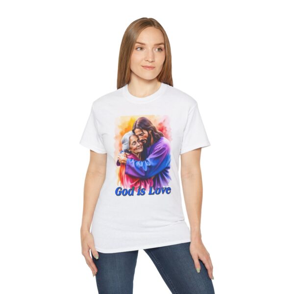 Our "God is Love" series with Jesus hugging Grandmother, Inspirational Christian Unisex Cotton T-Shirt, Faith Spiritual Apparel, Love Gift