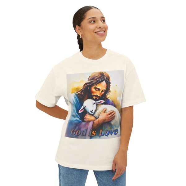 Our "God is Love" series featuring Jesus hugging a precious baby lamb! Inspirational Christian Unisex Tee, Oversized Shirt, Boxy Top - Image 15