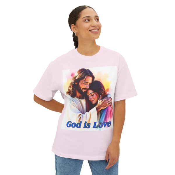 Our "God is Love" series featuring Jesus hugging a young lady! Inspirational Christian Unisex Tee, Oversized Shirt, Boxy Top - Image 7
