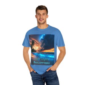 Garment-Dyed Unisex T-Shirt, with our "Night Lights - Philippines" design! Summer Casual Wear, Relaxed Style Inspirational Tropical Beach