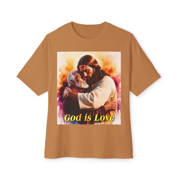 Our "God is Love" series with Jesus hugging Papa! Biblical Unisex Tee Inspirational Christian Tshirt for Men and Women, Boxy Oversized Shirt - Image 17