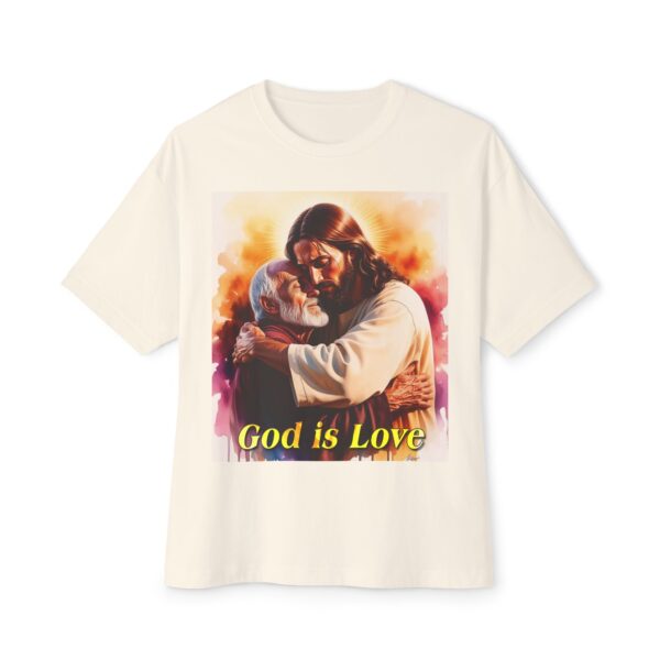 Our "God is Love" series with Jesus hugging Papa! Biblical Unisex Tee Inspirational Christian Tshirt for Men and Women, Boxy Oversized Shirt - Image 13