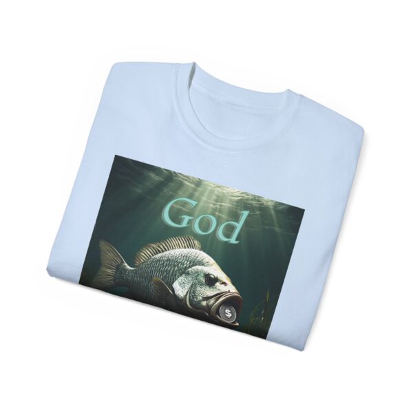 Our "God WILL Provide" design with a Fish with a Coin in its mouth Inspirational Christian Unisex Cotton T-Shirt, Faith Spiritual Apparel - Image 4