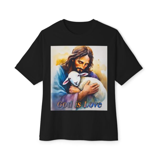 Our "God is Love" series featuring Jesus hugging a precious baby lamb! Inspirational Christian Unisex Tee, Oversized Shirt, Boxy Top - Image 9