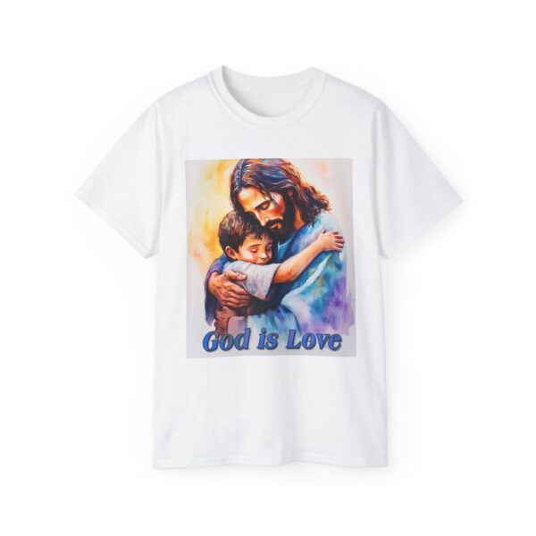 Our "God is Love" series with Jesus hugging a LITTLE BOY Inspirational Christian Unisex Cotton T-Shirt, Faith Spiritual Apparel, Love Gift - Image 5