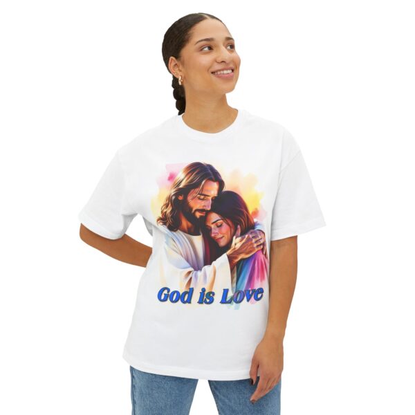 Our "God is Love" series featuring Jesus hugging a young lady! Inspirational Christian Unisex Tee, Oversized Shirt, Boxy Top - Image 3