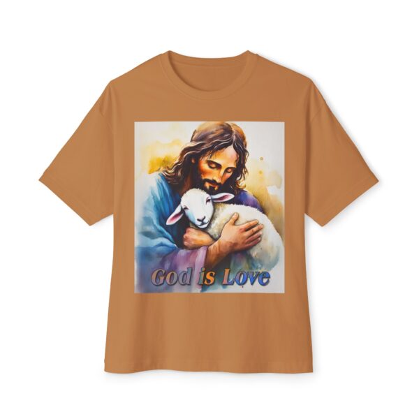 Our "God is Love" series featuring Jesus hugging a precious baby lamb! Inspirational Christian Unisex Tee, Oversized Shirt, Boxy Top - Image 17