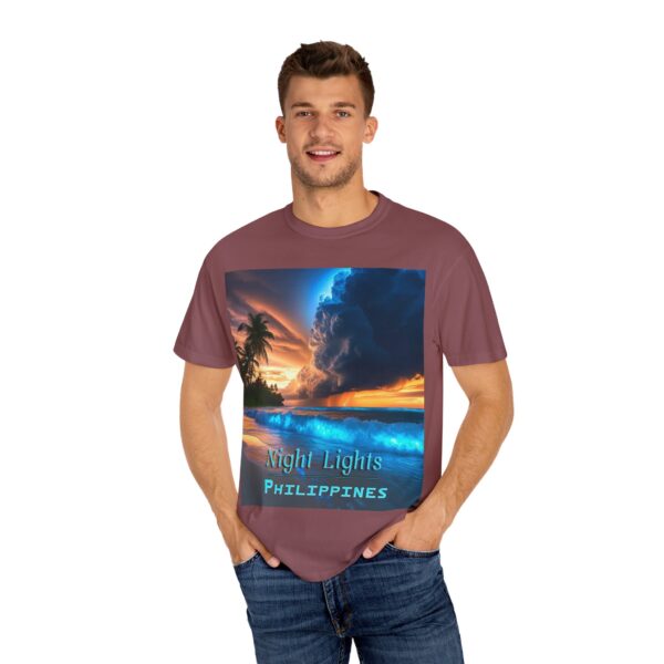 Garment-Dyed Unisex T-Shirt, with our "Night Lights - Philippines" design! Summer Casual Wear, Relaxed Style Inspirational Tropical Beach - Image 14