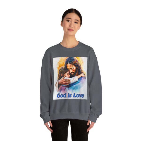 Crewneck Sweatshirt with our "God is Love" series with Jesus hugging a young girl! Inspirational Biblical Vintage Inspired Gift - Image 20