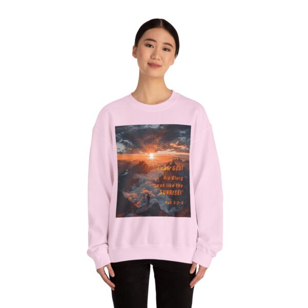 Crewneck Sweatshirt-with our inspirational "His splendor was like the sunrise" design with a quote from Habakkuk 3:3-4!Vintage Inspired Faith Apparel, Gospel Fashion Unisex Heavy - Image 20