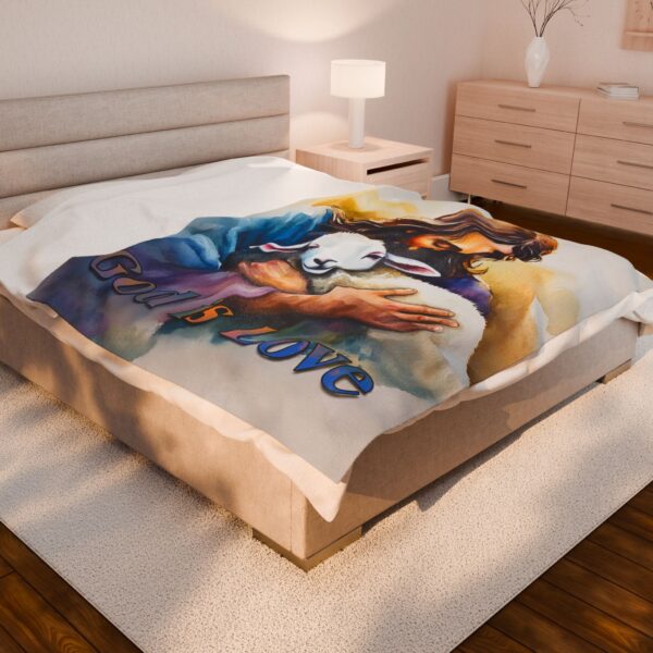 Our "God is Love" series Throw Blanket with an image of Jesus hugging a Baby Lamb! Inspirational Velveteen Plush Throw Blanket, Cozy Gift, Faith Home Decor Bedding - Image 4
