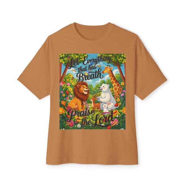 Our inspirational "Let Everything that has Breath Praise the Lord!" Design on a Unisex Oversized Box Tshirt, Religious Graphic Top, Bible Verse Apparel - Image 9
