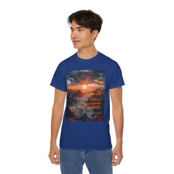 Cotton T-shirt with our inspirational "His splendor was like the sunrise" design with a quote from Habakkuk 3:3-4. Vintage Christian Faith Apparel Unisex Cotton T-Shirt, Thoughtful Quote - Image 23