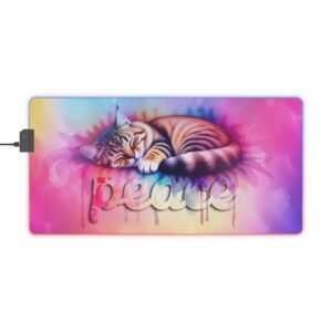 RGB LED Gaming Mouse Pad, Colorful Desk Mat with "Peace" 'colorful sleeping cat' Design, Gamer Home Office Decor, Computer Accessories, LED Backlit