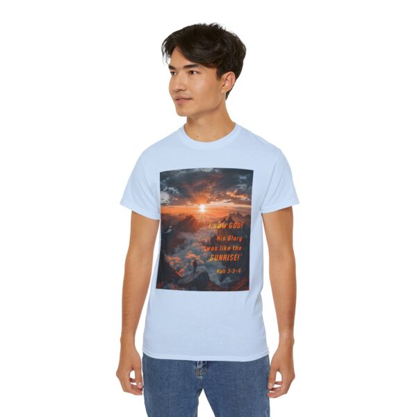 Cotton T-shirt with our inspirational "His splendor was like the sunrise" design with a quote from Habakkuk 3:3-4. Vintage Christian Faith Apparel Unisex Cotton T-Shirt, Thoughtful Quote - Image 20