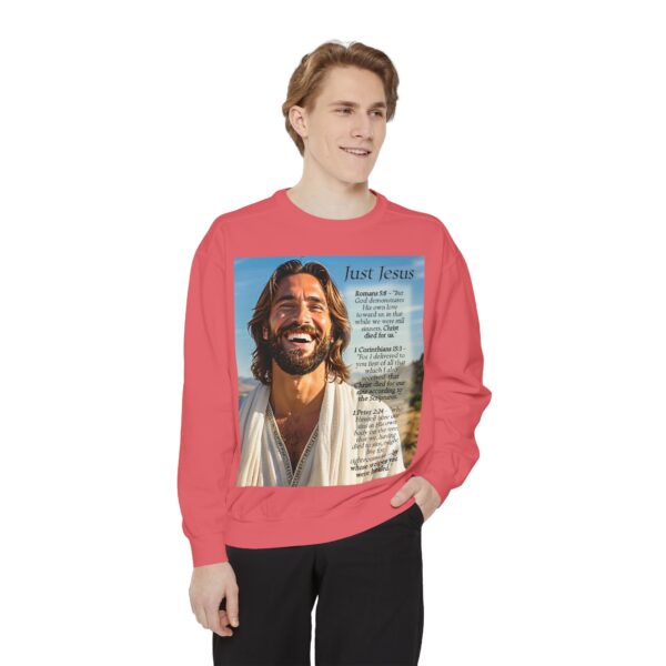 Sweatshirt Unisex with our inspirational "Just Jesus" and Verses on Salvation Design! Faith Apparel Gospel Fashion Jumper, Pullover - Image 42